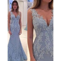 Trumpet/Mermaid V-neck Sleeveless Applique Sweep/Brush Train Lace Dresses