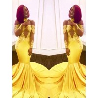 Trumpet/Mermaid Off-the-Shoulder Long Sleeves Sweep/Brush Train Applique Elastic Woven Satin Dresses
