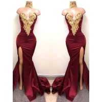 Trumpet/Mermaid Sweetheart Sleeveless Sweep/Brush Train Applique Satin Dresses