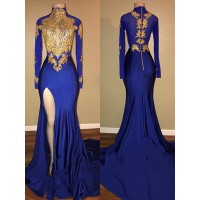 Trumpet/Mermaid High Neck Long Sleeves Sweep/Brush Train Applique Spandex Dresses