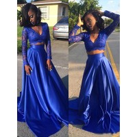 A-Line/Princess V-neck Long Sleeves Sweep/Brush Train Lace Satin Two Piece Dresses