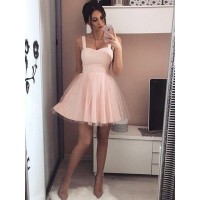 A-Line/Princess Satin Straps Sleeveless Ruched Short/Mini Dresses