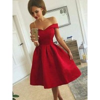 A-Line/Princess Satin Off-the-Shoulder Sleeveless Ruched Knee-length Dresses
