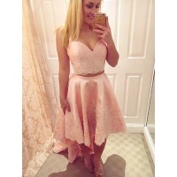 A-Line/Princess Straps Satin Applique Asymmetrical Two Piece Dresses