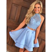 A-Line/Princess Satin Lace Sleeveless Halter Short/Mini Two Piece Dresses