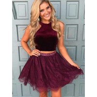 A-Line/Princess Lace Satin Halter Sleeveless Two Piece Short/Mini Dresses