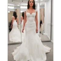 Trumpet/Mermaid Sweetheart Short Sleeves Applique Chapel Train Lace Wedding Dresses