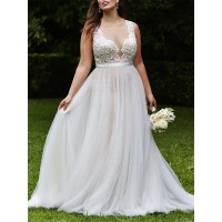 A-Line/Princess Scoop Court Train Sleeveless Lace Tulle Wedding Dresses