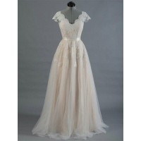 A-Line/Princess V-neck Sleeveless Floor-Length Applique Lace Wedding Dresses