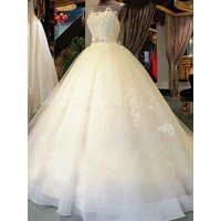 Ball Gown Scoop Cathedral Train Sleeveless Sash/Ribbon/Belt Applique Tulle Wedding Dresses