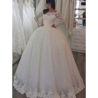 Ball Gown Long Sleeves Off-the-Shoulder Sweep/Brush Train Applique Lace Wedding Dresses