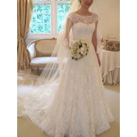 A-Line/Princess Sash/Ribbon/Belt Short Sleeves Square Court Train Applique Lace Wedding Dresses