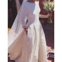 A-Line/Princess 3/4 Sleeves Scoop Sweep/Brush Train Ruffles Satin Wedding Dresses