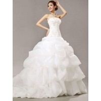 Ball Gown Sleeveless Strapless Cathedral Train Beading Lace Pleats Organza Wedding Dresses