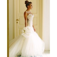 Trumpet/Mermaid Sleeveless Sweetheart Spaghetti Straps Court Train Applique Lace Tulle Wedding Dresses