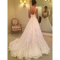 A-Line/Princess Sleeveless Straps Square Court Train Applique Lace Wedding Dresses