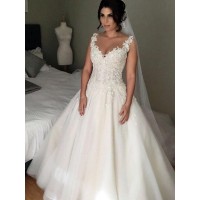 Ball Gown Sleeveless V-neck Court Train Applique Lace Tulle Wedding Dresses