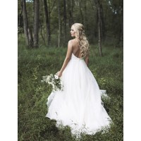 A-Line/Princess Sleeveless V-neck Spaghetti Straps Court Train Lace Organza Wedding Dresses