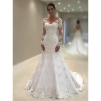 Trumpet/Mermaid Long Sleeves V-neck Court Train Applique Lace Wedding Dresses