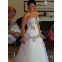 A-Line/Princess Sweetheart Tulle Sleeveless Rhinestone Floor-Length Wedding Dresses
