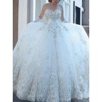 Ball Gown Sweetheart Applique Tulle Sleeveless Cathedral Train Wedding Dresses
