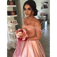Ball Gown Sleeveless Off-the-Shoulder Satin Ruffles Cathedral Train Wedding Dresses