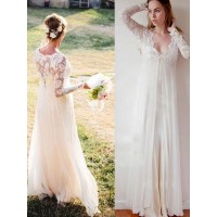 Empire V-neck Chiffon Lace Long Sleeves Floor-Length Wedding Dresses