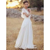 A-Line/Princess Chiffon V-neck Ruched Short Sleeves Floor-Length Wedding Dresses