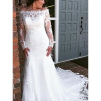 Trumpet/Mermaid Tulle Applique Off-the-Shoulder Long Sleeves Cathedral Train Wedding Dresses