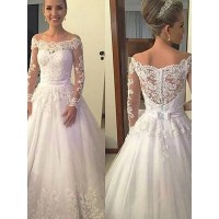 Ball Gown Tulle Applique Off-the-Shoulder Long Sleeves Court Train Wedding Dresses