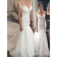 Trumpet/Mermaid Tulle Applique Off-the-Shoulder Sleeveless Chapel Train Wedding Dresses