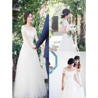 A-Line/Princess Tulle Lace Off-the-Shoulder Short Sleeves Sweep/Brush Train Wedding Dresses