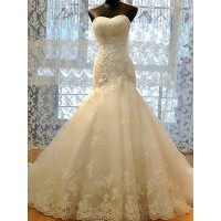 Trumpet/Mermaid Sweetheart Tulle Applique Sleeveless Court Train Wedding Dresses