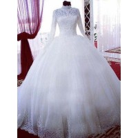 Ball Gown Lace Tulle High Neck Long Sleeves Chapel Train Wedding Dresses