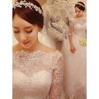 Ball Gown Beading Tulle 1/2 Sleeves Off-the-Shoulder Chapel Train Wedding Dresses