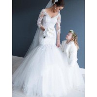Trumpet/Mermaid V-neck Tulle Lace 3/4 Sleeves Court Train Wedding Dresses