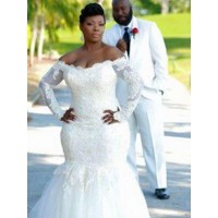 Trumpet/Mermaid Applique Tulle Long Sleeves Off-the-Shoulder Sweep/Brush Train Wedding Dresses