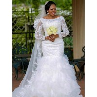 Trumpet/Mermaid Square Applique Organza Long Sleeves Chapel Train Wedding Dresses