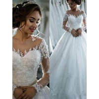 Ball Gown Applique Tulle Scoop Long Sleeves Chapel Train Wedding Dresses