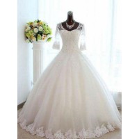 Ball Gown V-neck Beading Tulle 3/4 Sleeves Bateau Floor-Length Wedding Dresses
