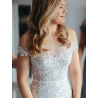 Trumpet/Mermaid Applique Lace Tulle Off-the-Shoulder Sleeveless Court Train Wedding Dresses