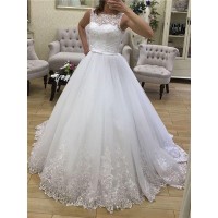 Ball Gown Tulle Applique Scoop Sleeveless Court Train Wedding Dresses