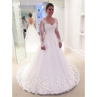 A-Line/Princess V-neck Applique Lace Long Sleeves Tulle Sweep/Brush Train Wedding Dresses