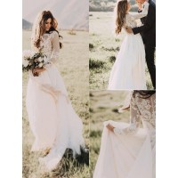 A-Line/Princess Applique Tulle Scoop Long Sleeves Sweep/Brush Train Wedding Dresses