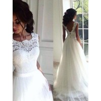 A-Line/Princess Lace Sash/Ribbon/Belt Tulle Bateau Sleeveless Sweep/Brush Train Wedding Dresses