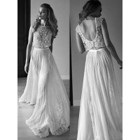 A-Line/Princess Sleeveless Scoop Tulle Beading Sweep/Brush Train Wedding Dresses