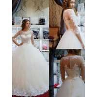 Ball Gown Tulle Scoop 1/2 Sleeves Applique Floor-Length Wedding Dresses