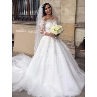 Ball Gown Tulle Off-the-Shoulder Applique 3/4 Sleeves Chapel Train Wedding Dresses