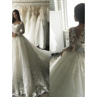 Ball Gown Tulle Scoop Long Sleeves Applique Court Train Wedding Dresses