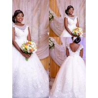 Ball Gown Tulle Scoop Sleeveless Applique Floor-Length Wedding Dresses